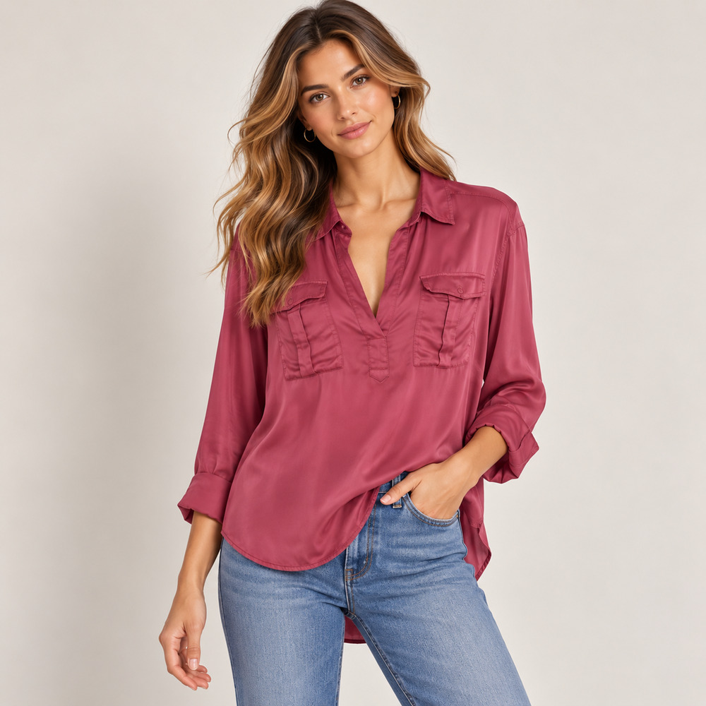 by Anthropologie Split Neck Utility Blouse S Pink Satin Viscose High Low